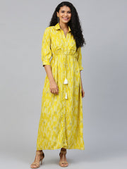 Women Limegreen Conversational Printed Shirt Collar Viscose Rayon A-Line Dress