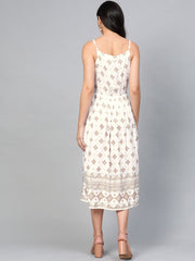 Women White Geometric Printed Shoulder Straps Viscose Rayon Fit and Flare Dress
