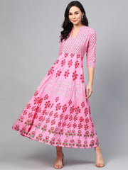 Women Pink Floral Printed Mandarin Collar Viscose Rayon Fit and Flare Dress