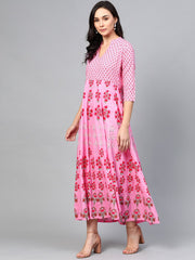 Women Pink Floral Printed Mandarin Collar Viscose Rayon Fit and Flare Dress