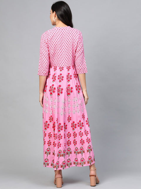 Women Pink Floral Printed Mandarin Collar Viscose Rayon Fit and Flare Dress