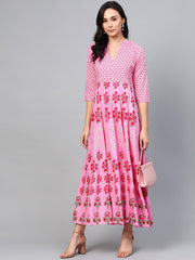 Women Pink Floral Printed Mandarin Collar Viscose Rayon Fit and Flare Dress