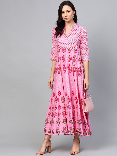 Women Pink Floral Printed Mandarin Collar Viscose Rayon Fit and Flare Dress