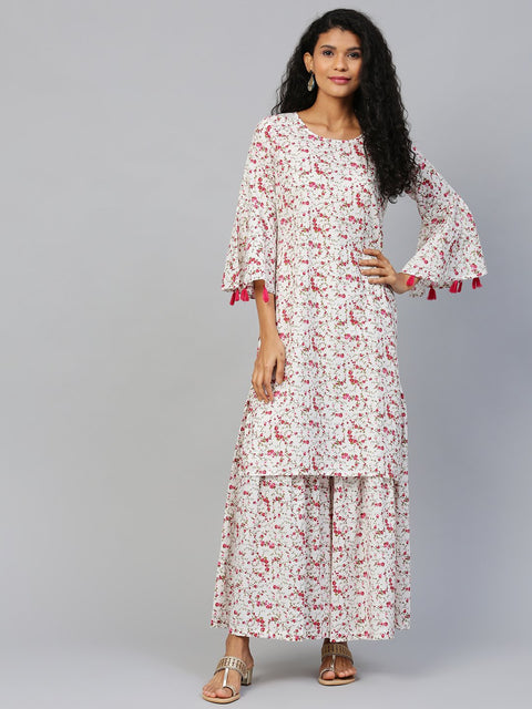 Women White Three-Quarter Sleeves Straight Kurta With Sharara