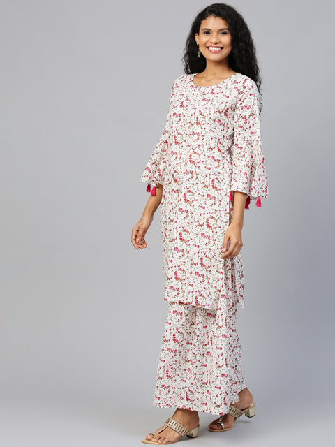 Women White Three-Quarter Sleeves Straight Kurta With Sharara