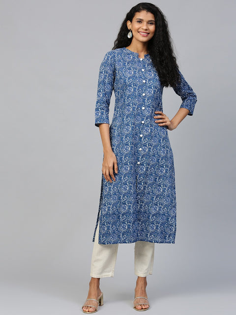 Women Blue Floral Printed Mandarin Collar Cotton A-Line Dress
