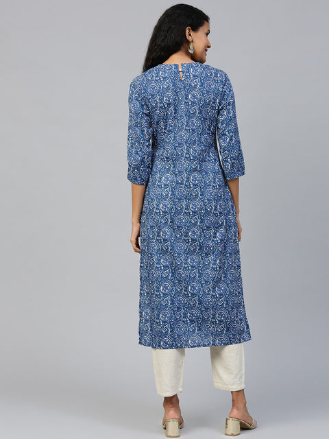 Women Blue Floral Printed Mandarin Collar Cotton A-Line Dress