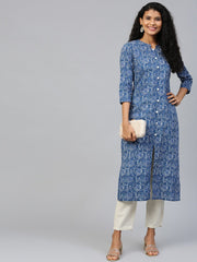 Women Blue Floral Printed Mandarin Collar Cotton A-Line Dress