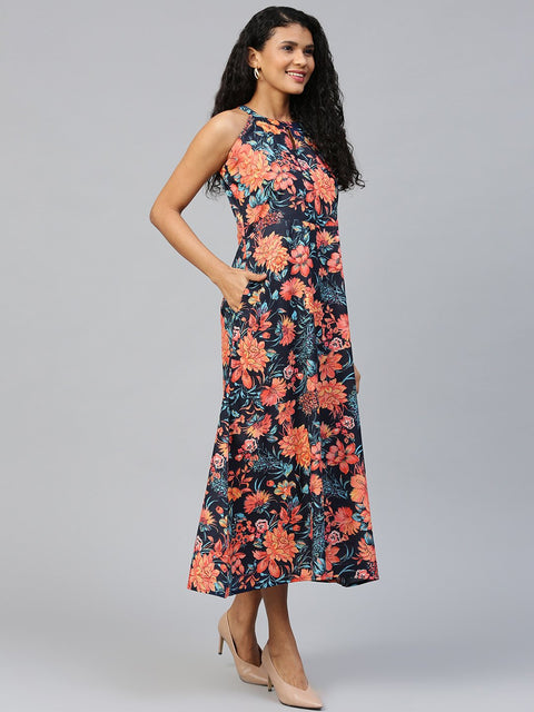 Women Black Floral Printed Halter Neck Cotton A-Line Dress