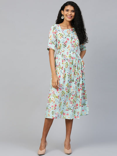 Women Blue Floral Printed Square Neck Viscose Rayon Fit and Flare Dress