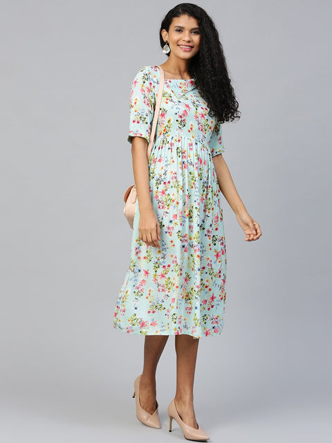 Women Blue Floral Printed Square Neck Viscose Rayon Fit and Flare Dress