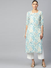 Women White Calf Length Long Sleeves A-Line Quirky Printed Cotton Kurta