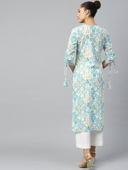 Women White Calf Length Long Sleeves A-Line Quirky Printed Cotton Kurta