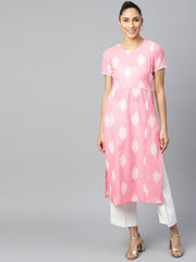 Women Pink Calf Length Short Sleeves A-Line Ethnic Motifs Printed Cotton Kurta