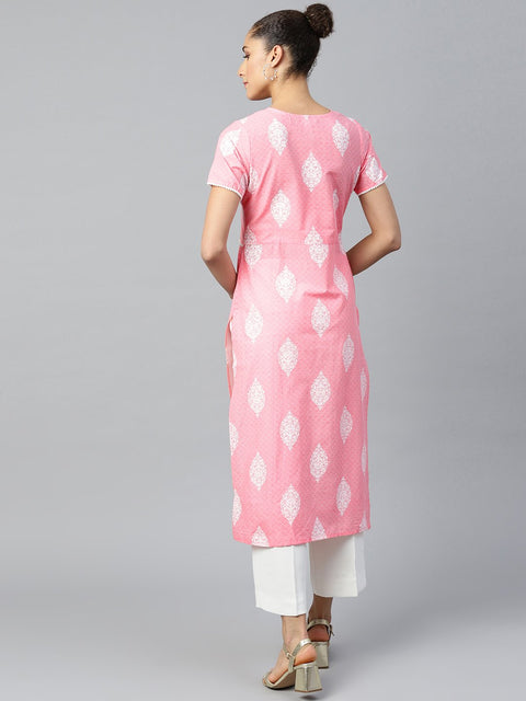 Women Pink Calf Length Short Sleeves A-Line Ethnic Motifs Printed Cotton Kurta