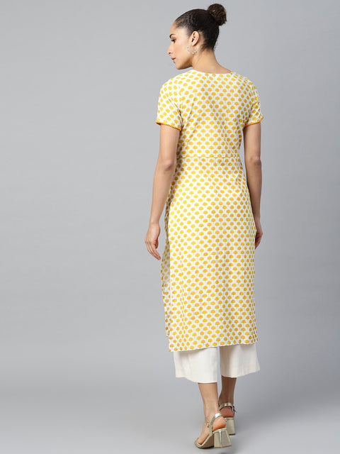 Women Yellow Calf Length Short Sleeves A-Line Ethnic Motifs Printed Cotton Kurta