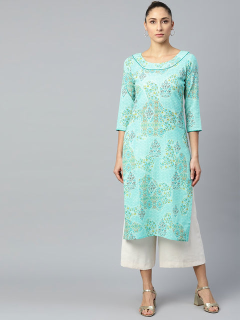 Women Blue Calf Length Three-Quarter Sleeves Straight Floral Printed Cotton Kurta