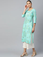 Women Blue Calf Length Three-Quarter Sleeves Straight Floral Printed Cotton Kurta