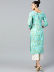 Women Blue Calf Length Three-Quarter Sleeves Straight Floral Printed Cotton Kurta