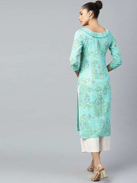 Women Blue Calf Length Three-Quarter Sleeves Straight Floral Printed Cotton Kurta