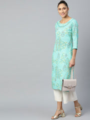 Women Blue Calf Length Three-Quarter Sleeves Straight Floral Printed Cotton Kurta