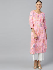 Women Pink Calf Length Three-Quarter Sleeves Straight Floral Printed Cotton Kurta