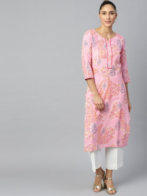 Women Pink Calf Length Three-Quarter Sleeves Straight Floral Printed Cotton Kurta