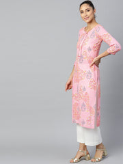 Women Pink Calf Length Three-Quarter Sleeves Straight Floral Printed Cotton Kurta