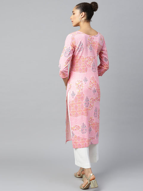 Women Pink Calf Length Three-Quarter Sleeves Straight Floral Printed Cotton Kurta