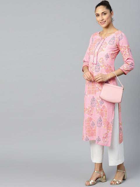 Women Pink Calf Length Three-Quarter Sleeves Straight Floral Printed Cotton Kurta