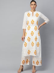 Women White Three-Quarter Sleeves Straight Kurta with Palazzo Set