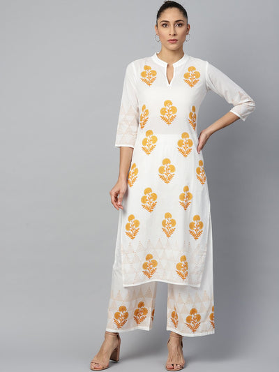 Women White Three-Quarter Sleeves Straight Kurta with Palazzo Set