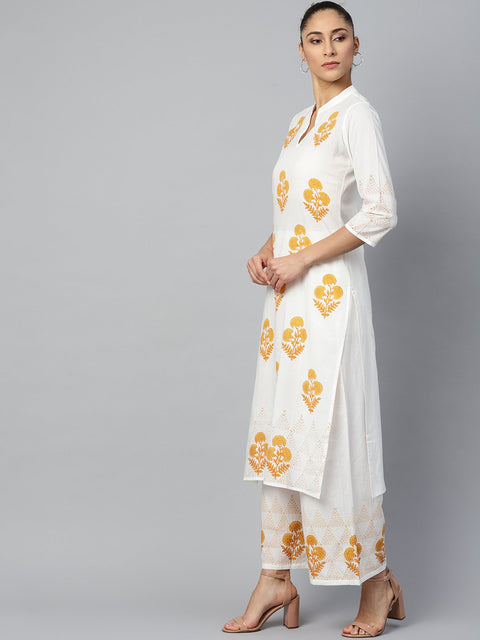 Women White Three-Quarter Sleeves Straight Kurta with Palazzo Set