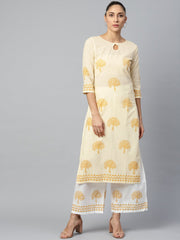 Women White Three-Quarter Sleeves Straight Kurta with Palazzo Set