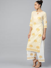 Women White Three-Quarter Sleeves Straight Kurta with Palazzo Set