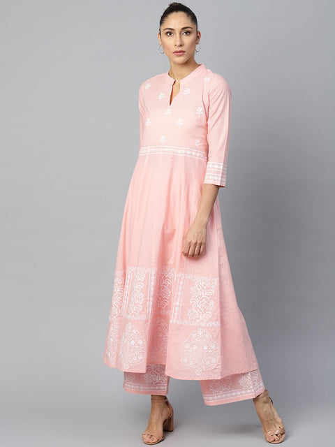 Women Pink Three-Quarter Sleeves Flared Kurta with Palazzo Set