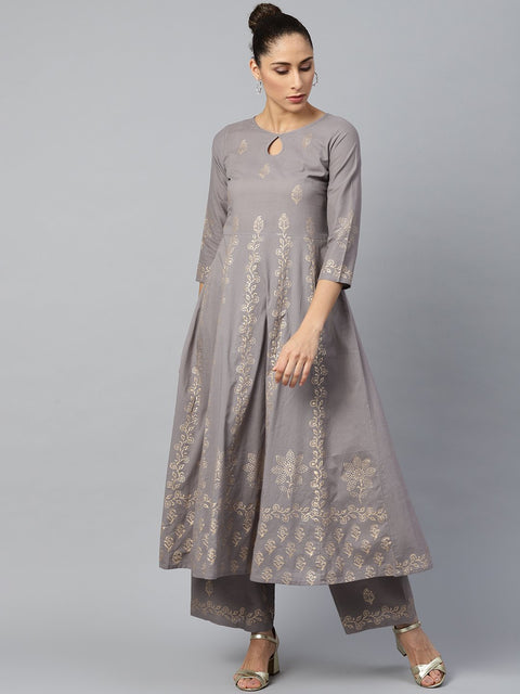 Women Grey Three-Quarter Sleeves Flared Kurta with Palazzo Set