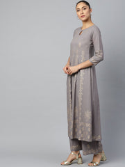 Women Grey Three-Quarter Sleeves Flared Kurta with Palazzo Set