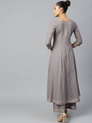 Women Grey Three-Quarter Sleeves Flared Kurta with Palazzo Set