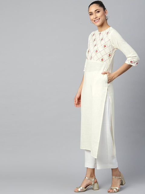 Women Offwhite Calf Length Three-Quarter Sleeves Straight Woven Design Embroidered Cotton Kurta