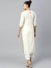 Women Offwhite Calf Length Three-Quarter Sleeves Straight Woven Design Embroidered Cotton Kurta