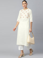 Women Offwhite Calf Length Three-Quarter Sleeves Straight Woven Design Embroidered Cotton Kurta