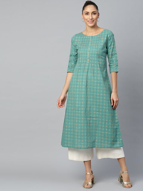 Women Green Calf Length Three-Quarter Sleeves A-Line Geometric Yoke Design Cotton Kurta