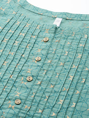 Women Green Calf Length Three-Quarter Sleeves A-Line Geometric Yoke Design Cotton Kurta
