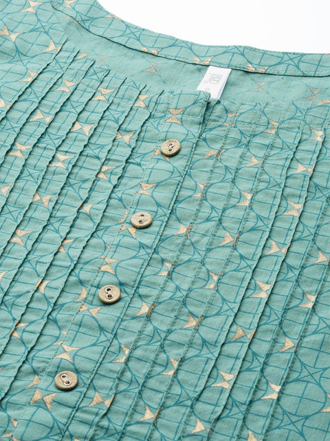 Women Green Calf Length Three-Quarter Sleeves A-Line Geometric Yoke Design Cotton Kurta