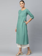 Women Green Calf Length Three-Quarter Sleeves A-Line Geometric Yoke Design Cotton Kurta