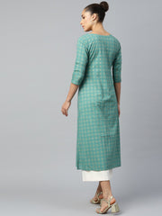 Women Green Calf Length Three-Quarter Sleeves A-Line Geometric Yoke Design Cotton Kurta
