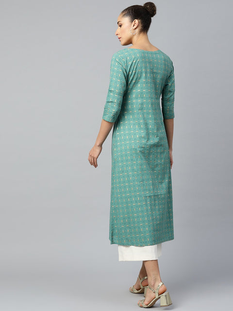 Women Green Calf Length Three-Quarter Sleeves A-Line Geometric Yoke Design Cotton Kurta