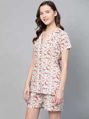Women white floral printed night suit