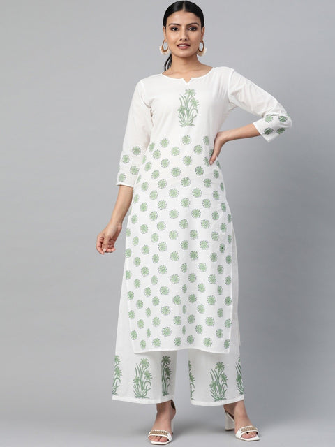 Women White Three-Quarter Sleeves Straight Kurta With Palazzo